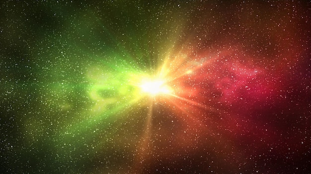 Burst of light in space Night starry sky and bright yellow red galaxy horizontal background