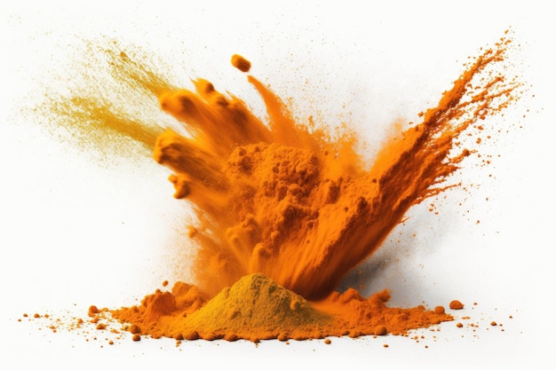 Burst of turmeric powder on a white background