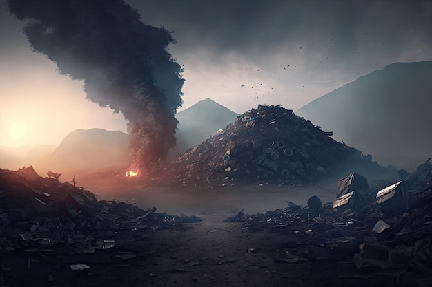 Bursting with garbage overflowing garbage dump on background of smoky wasteland