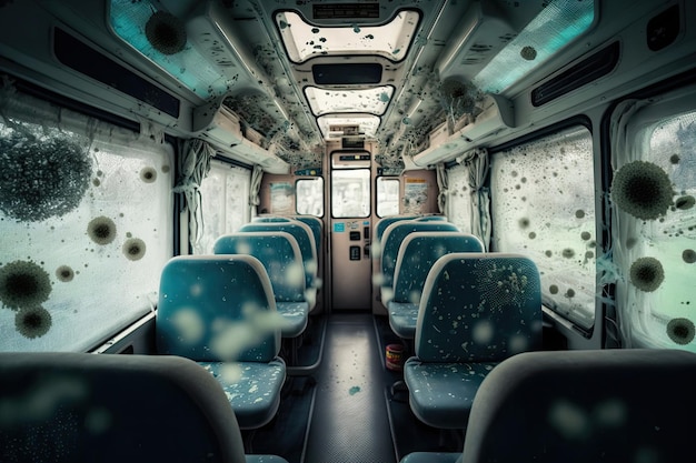 A bus cabin covered in bacteria with individual microbes visible