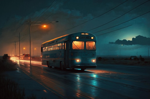 A bus on a dark street with the lights on.