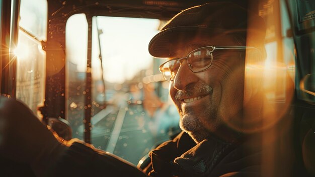 Bus driver sitting behind the wheel and smiles