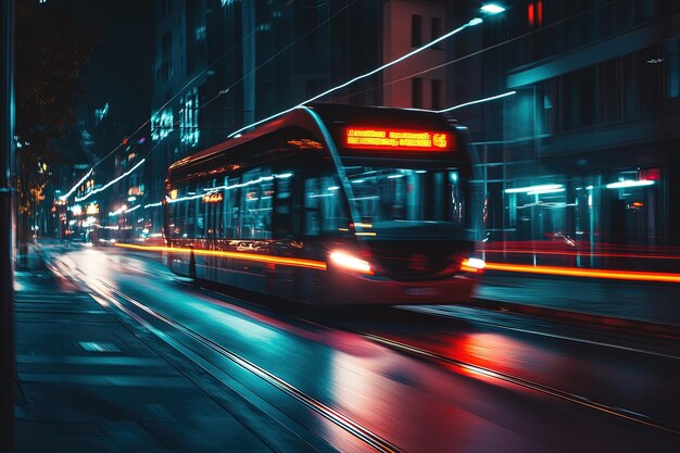 Photo a bus driving down a city street at night