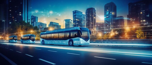 Photo a bus driving down a city street at night