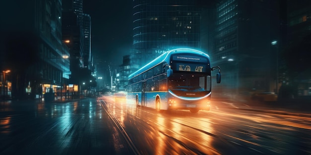 Bus driving on the road at night with glowing neon lights motion blur background Generative Ai