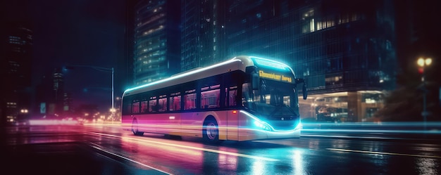 Bus driving on the road at night with glowing neon lights motion blur background Generative Ai