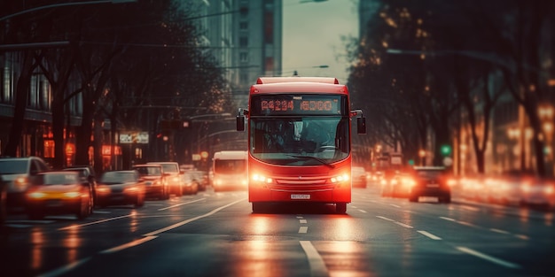 Bus driving on the road with cityscape motion blur background Generative Ai