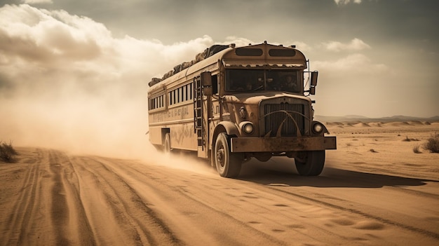 A bus driving through the desert with dust flying in the background