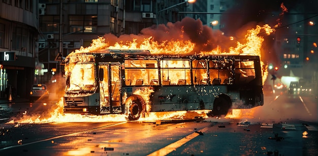 Photo bus on fire on city street the concept of violence and terrorism