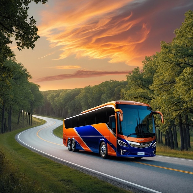 a bus is driving down a road with trees in the background