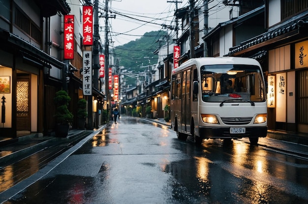 Photo a bus is driving down the street in front of a sign that sayschineseon it