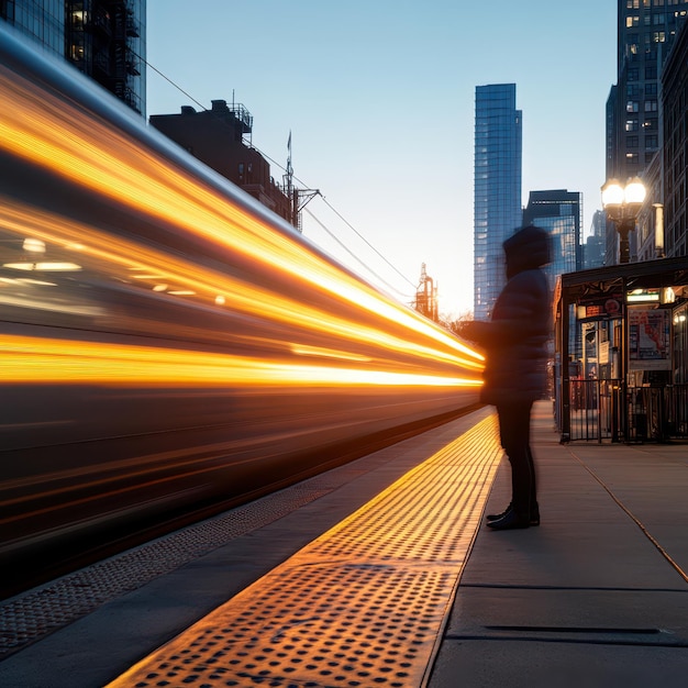 a bus is passing by a building with a man standing on the platform