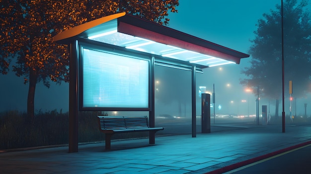 Photo bus stop at dawn early morning light empty billboard glass shelter metal bench fluorescent lighting