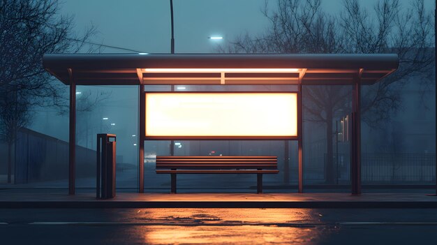 Photo bus stop at dawn early morning light empty billboard glass shelter metal bench fluorescent lighting