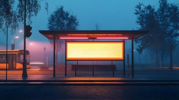 Photo bus stop at dawn early morning light empty billboard glass shelter metal bench fluorescent lighting