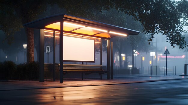 Photo bus stop at dawn early morning light empty billboard glass shelter metal bench fluorescent lighting