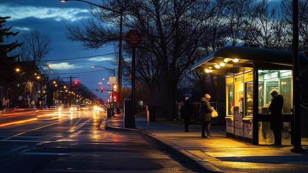 A bus stop at dusk with commuters waiting and traffic lights glowing in the background