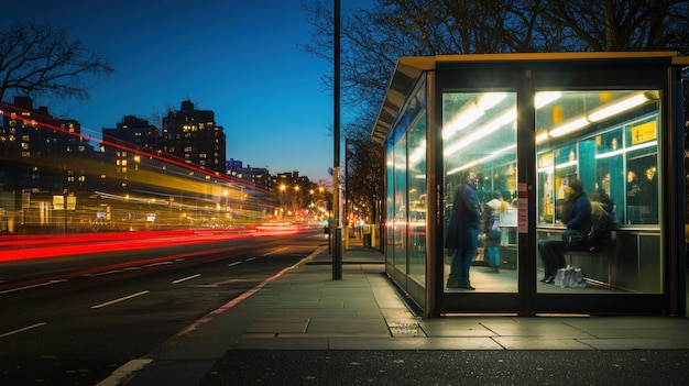 A bus stop at dusk with illuminated shelter and blurred traffic lights