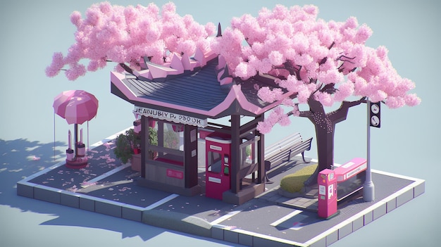 Bus stop near a pink cherry blossom tree