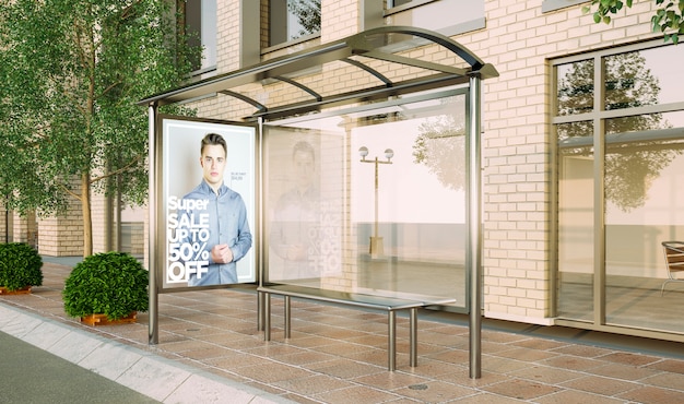 Bus stop poster fashion sale mockup 3d rendering