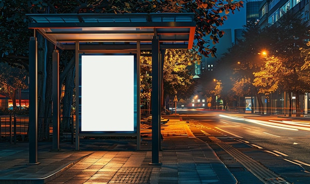 Bus Stop Unique Medium Mockup Billboard At Night Empty White Glowing Signboard On City Roadside