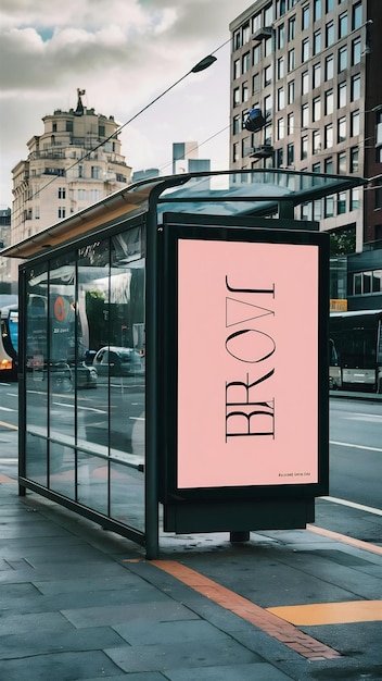 Bus stop with blank advertising billboard near street in city