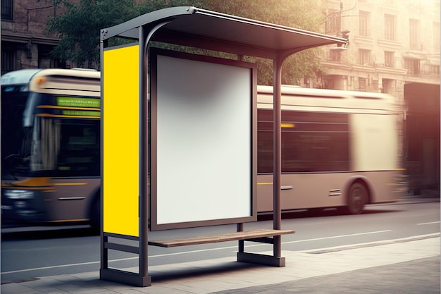 Bus stop with blank billboard mockup and rooftop bench