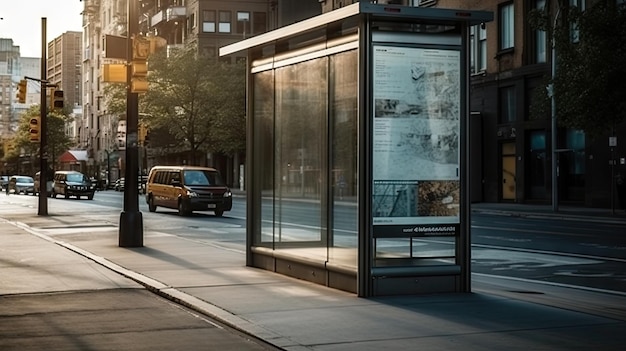 A bus stop with a bus stop on the right side.