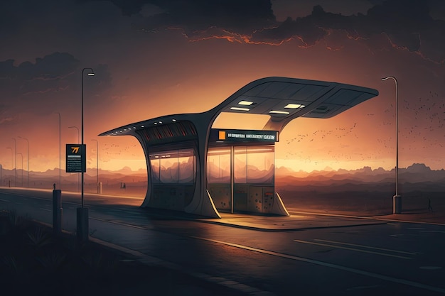 Bus stop with futuristic bus arriving at dawn