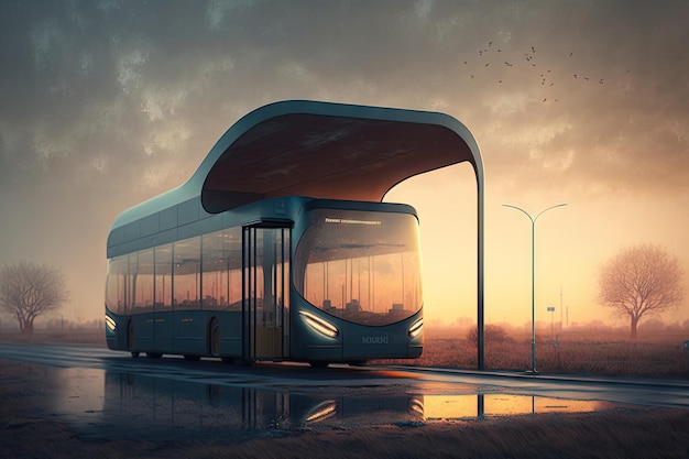 Bus stop with futuristic bus arriving at dawn