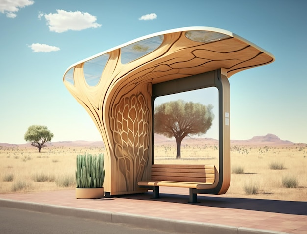 A bus stop with a tree on the top