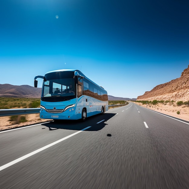 a bus that is blue and white is on the road