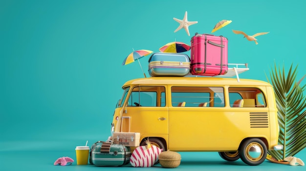 Bus with luggage and beach accessories ready for summer vacation