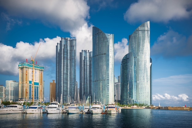 Busan city skyline and skyscrapers in the Haeundae district., South Korea.