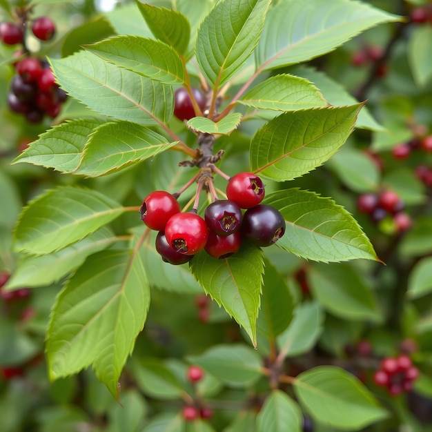 a bush with berries and a green background with a red and black berry