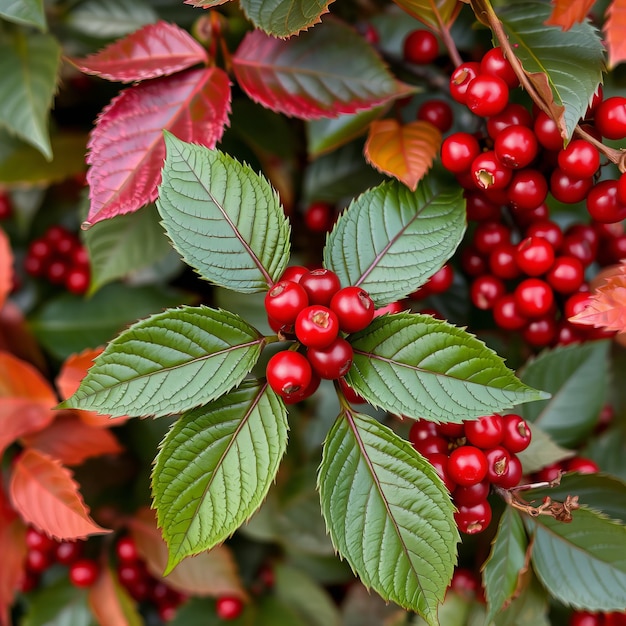 a bush with many green leaves and red berries