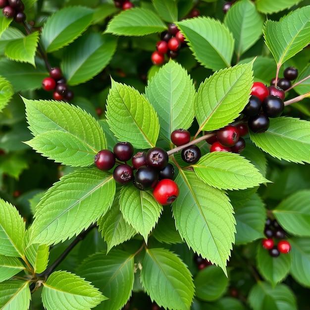 a bush with many green leaves and red berries