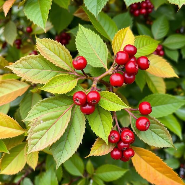 a bush with red berries and green leaves that are showing the season of autumn