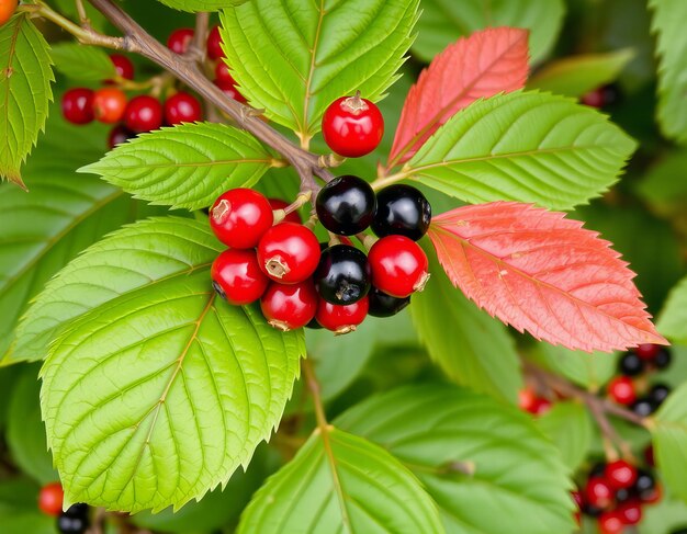 a bush with red and green leaves and a black berry bush