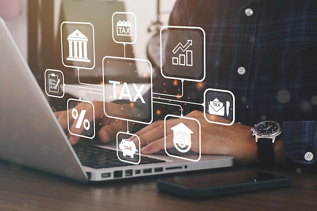 Busines using a computer to complete Individual income tax return form online for tax payment. Government, state taxes. Data analysis, paperwork, financial research, report. Calculation tax return.