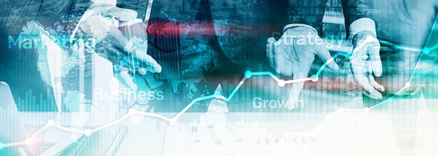 Business abstract background double exposure graph chart and diagram World wide map and Global business and financial trading concept