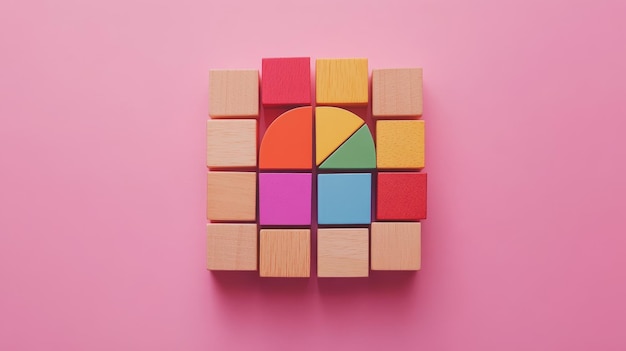 Business Analysis Concept with Wooden Blocks and Circular Graph on Pink Background