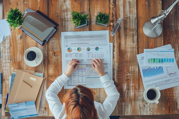 A business analyst engrossed in examining complex data charts and graphs spread across a wooden table highlighting detailed analysis