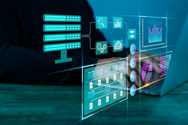 Business Analytics and Data Management System on computer make a report with KPI and metrics connected to database