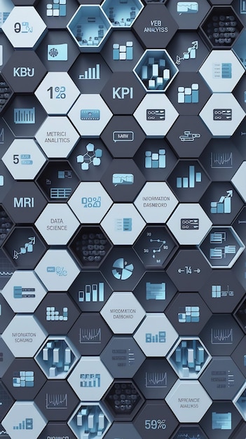 Photo business analytics and data science concept with graph and chart icons on 3d hexagonal grid abstra