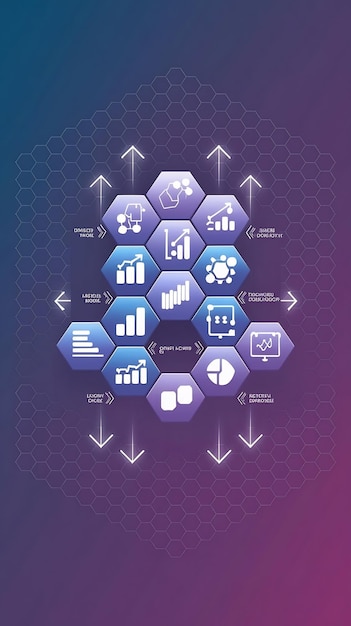 Business analytics and data science concept with graph and chart icons on 3D hexagonal grid abstra