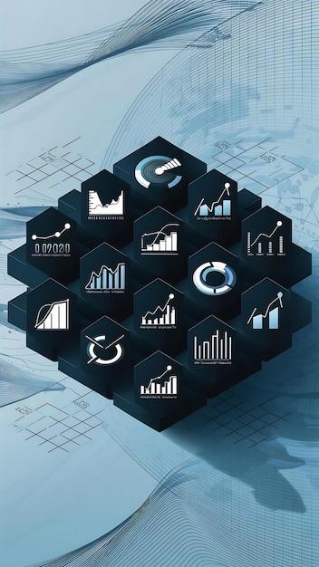 Business analytics and data science concept with graph and chart icons on 3D hexagonal grid abstra