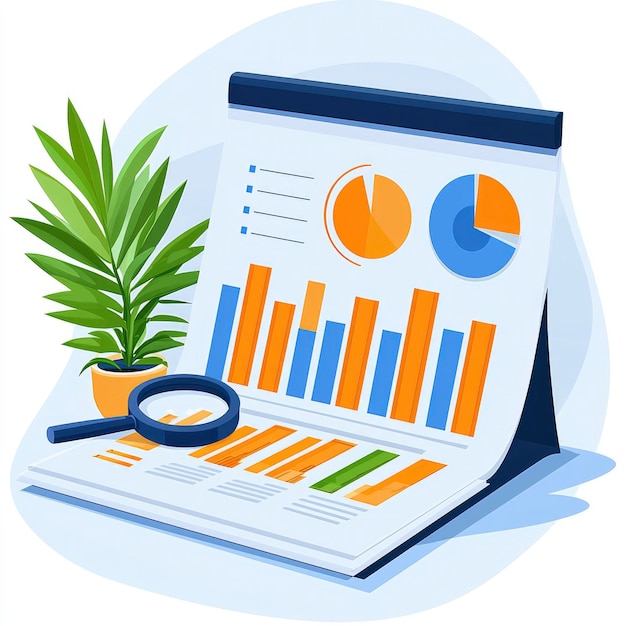 Business Analytics Report with Magnifying Glass and Plant