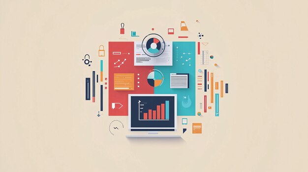 Business Analytics Technology Flat Design Illustration in Split Complementary Colors