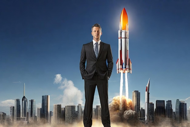 Business aspirations soar Businessman on a stand with skyline backdrop and rocket launch